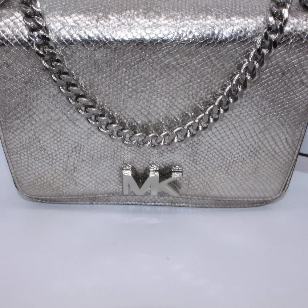 Michael Kors Silver Snake Mott Leather Chain Swag Shoulder Crossbody Bag Purse